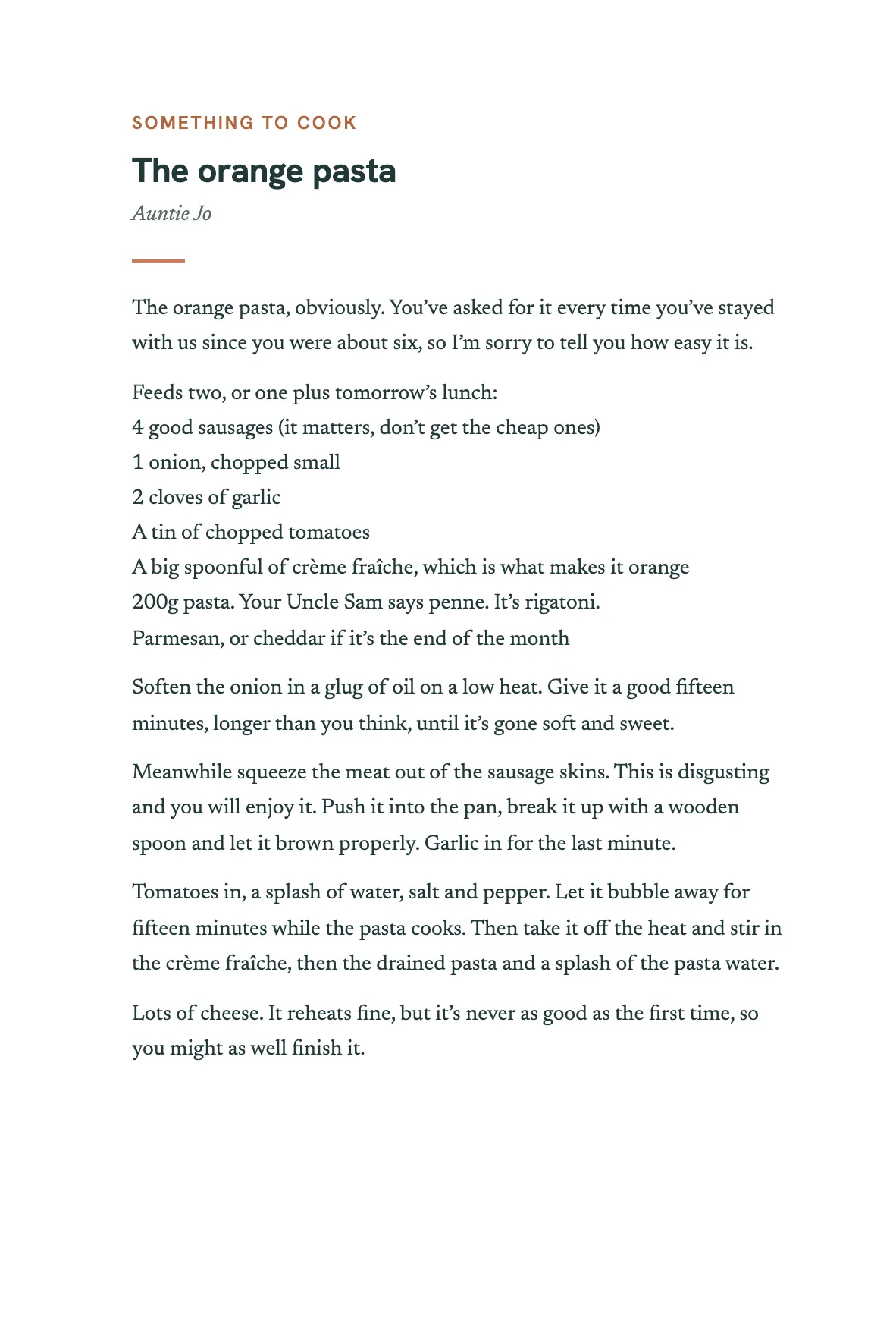 The opening of the chapter The orange pasta, by Auntie Jo, answering: What’s one thing Theo should know how to cook, and how do you make it?